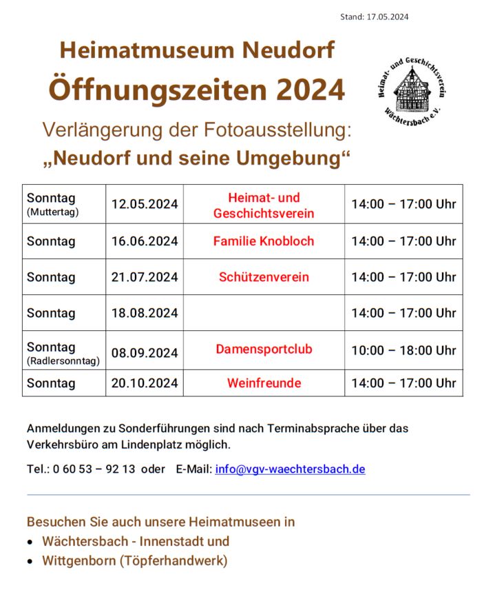 Öffnungszeiten 2024 des Heimatmuseums Neudorf